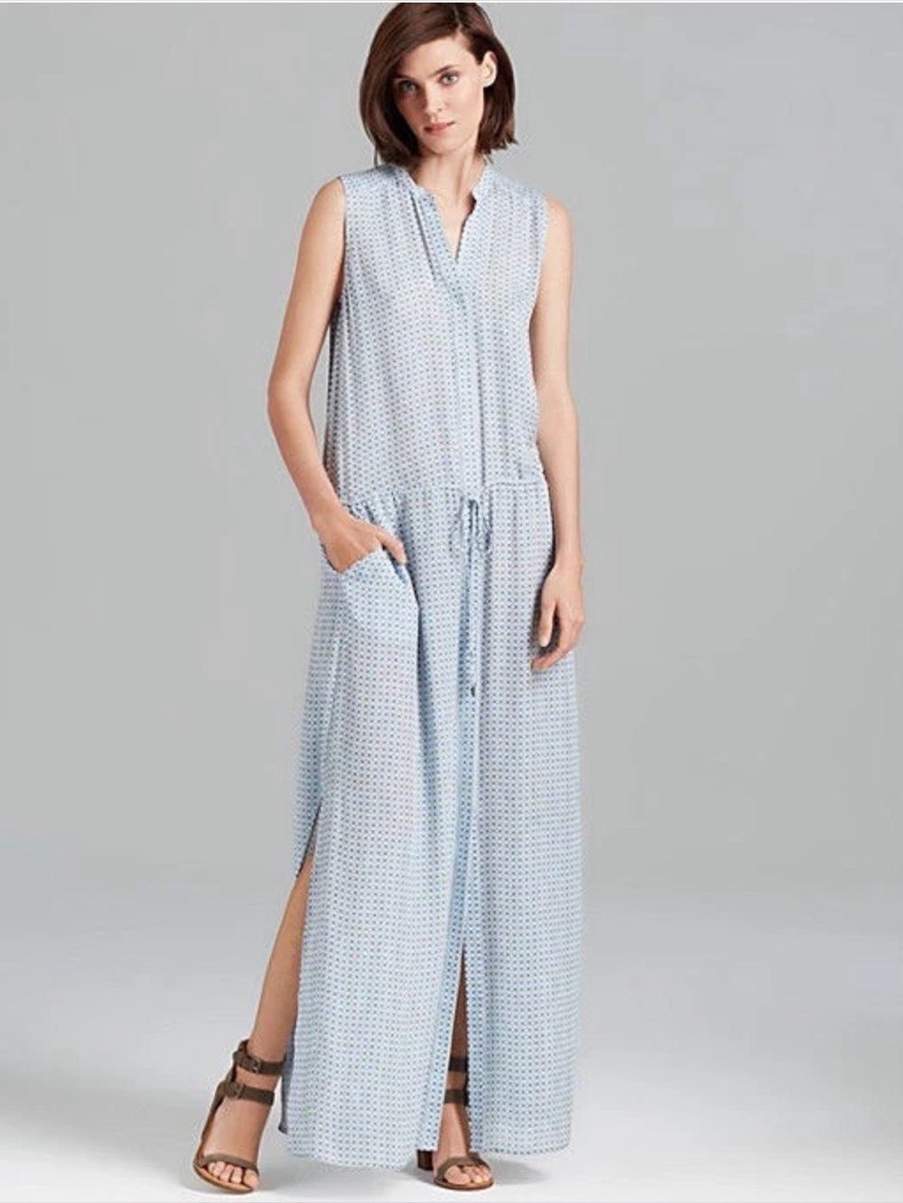 VINCE Star Print 100% Silk Button Front Maxi Dress | Blue White | Size Small